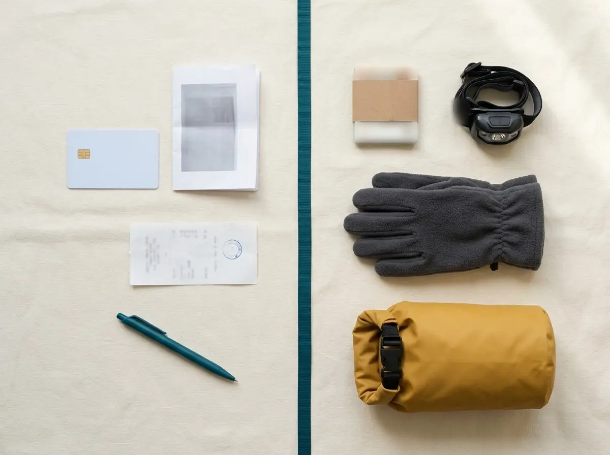 Flat-lay on cream linen divided by a teal ribbon: a blank light-blue ID card with a gold chip, its photocopy, a small immigration slip with a stamp and a teal pen on the left; a banded stack of banknotes, a black headlamp, grey fleece gloves and a mustard roll-top dry bag on the right