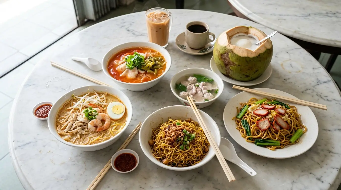 Overhead view of a marble coffee-shop table in Kota Kinabalu with Sabah laksa, tomato fish noodle soup, dry pork noodles with a bowl of pork-ball soup, fried noodles with char siew, a coconut filled with coconut pudding, iced milk tea and black coffee