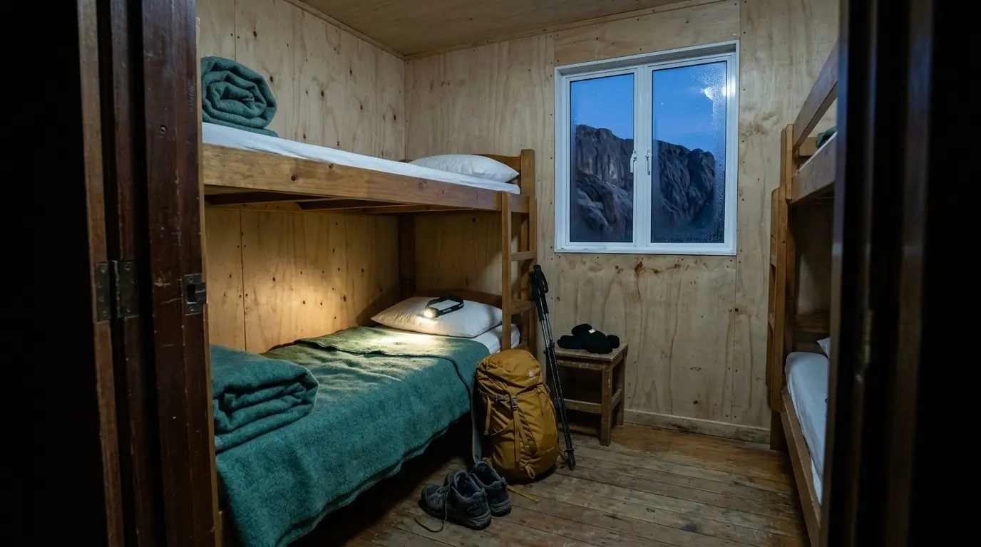 A small plywood hostel room at night seen from the doorway: two wooden bunk beds with thick green wool blankets, a headlamp glowing on a pillow, a mustard daypack, hiking shoes and a trekking pole on the plank floor, and a window showing grey granite cliffs in blue pre-dawn light