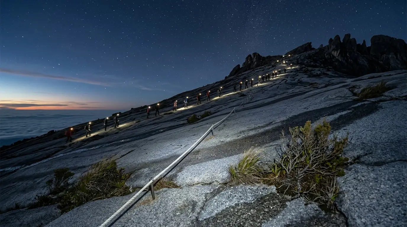 A line of small hikers with headlamps zig-zagging up bare grey granite slabs under a starry sky, a white rope pegged to the rock in the foreground, jagged summit pinnacles at the top right and a faint dawn glow over a sea of clouds on the left