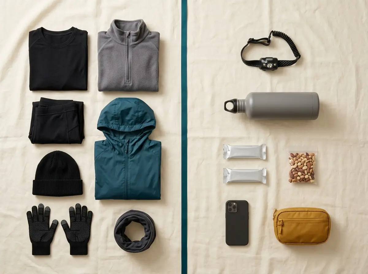 Flat-lay on cream linen divided by a teal ribbon: black thermal top and leggings, a grey half-zip fleece, a teal hooded windbreaker, a black beanie, black grip gloves and a grey neck buff on the left; a headlamp, a grey metal water bottle, two energy bars, a bag of nuts, a phone face-down and a mustard waist pouch on the right