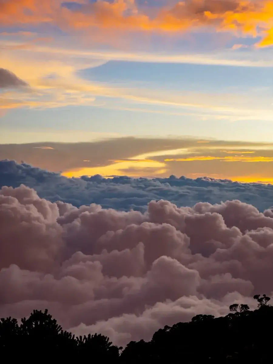 A golden sunset over a sea of cloud, seen from high on Mount Kinabalu